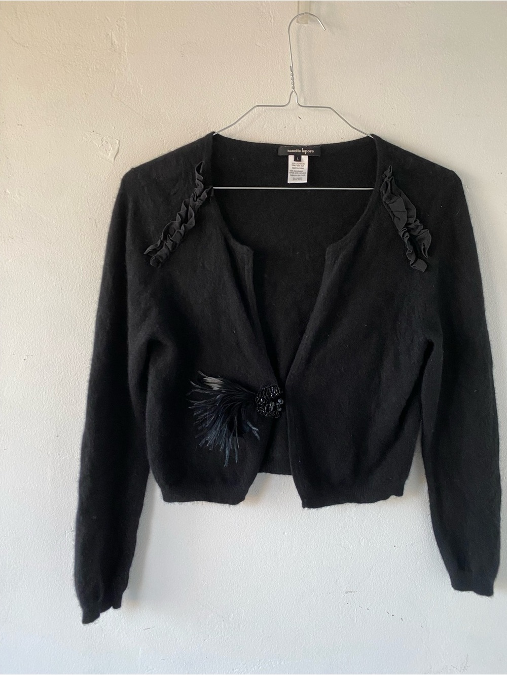 Nanette Lepore silk and cashmere Black Feather-Accent Cropped Cardigan